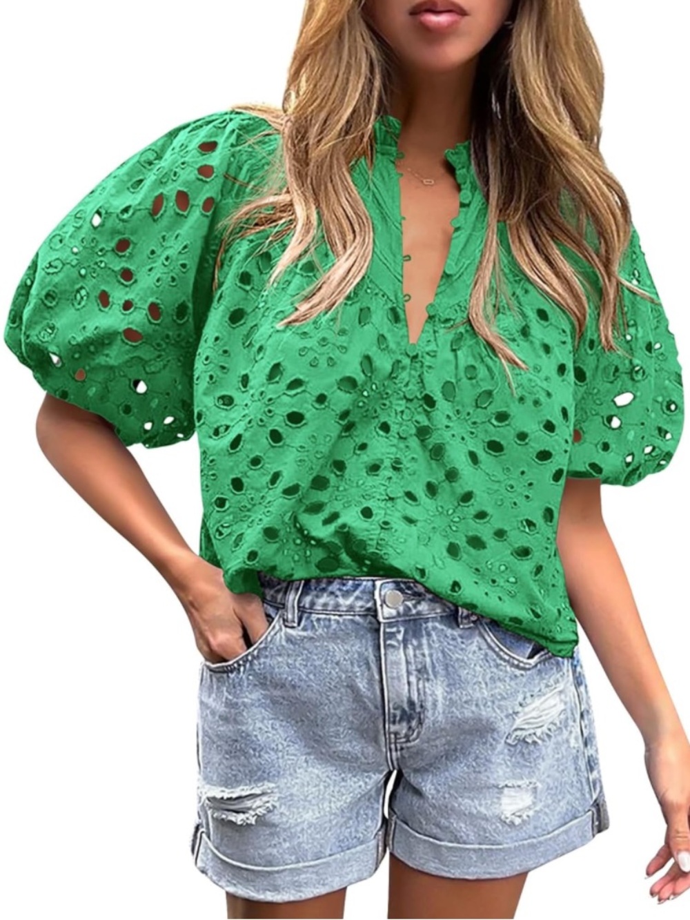 PRETTYGARDEN Boho Eyelet Puff Sleeve Blouse